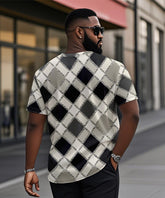 Men's Plus Size Geometric Diamond Print Henley Collar Button Short Sleeve T-shirt